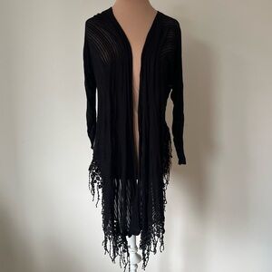 Surrealist Black Striped Stretch Fringe Shawl Sweater Cardigan EUC Size 3/Medium